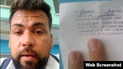 Johan Pérez Leyva. A la derecha, la citación policial que recibió. (Facebook)